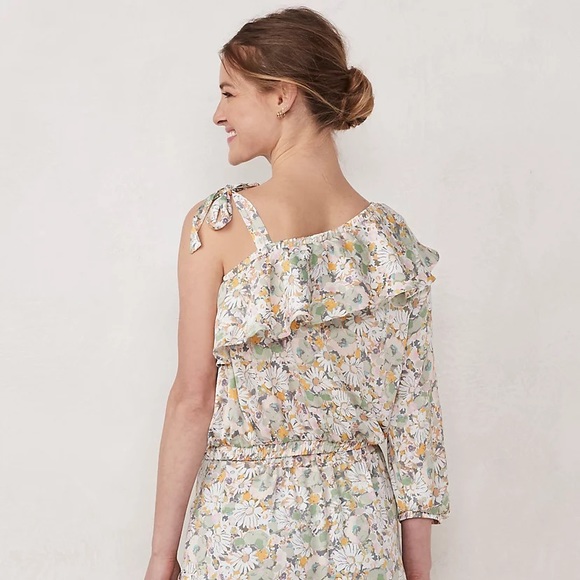 LC Lauren Conrad Daisy Floral Print Flowy Ruffle One-Shoulder Tie Top Size L - Picture 2 of 8